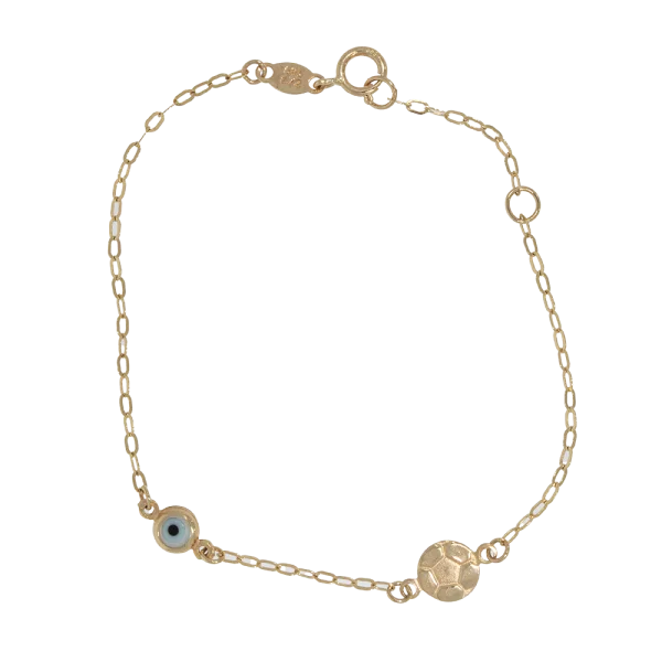 14K Yellow Gold Children's Bracelet with Ball and Evil Eye