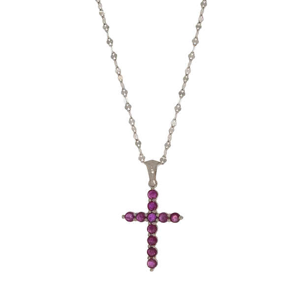 14K White Gold Cross with Rubies and Chain