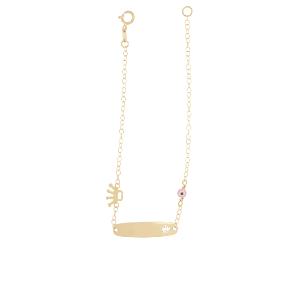 Children's Identity Bracelet for Girls with Crown and Pink Evil Eye