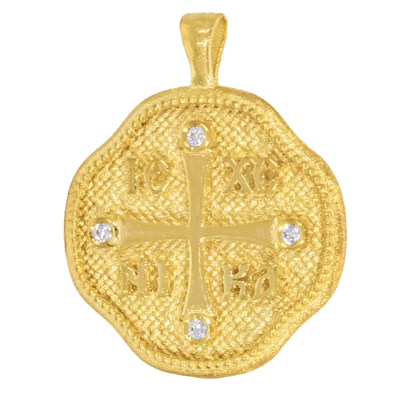 Goldenes Schutzamulett mit ''IC XC NI KA'' und der Muttergottes mit Jesus Christus
