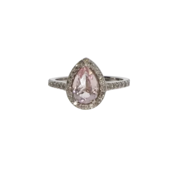 18K Weißgoldring mit Rosenquarz im Tropfenschliff 1,8 ct und Diamanten 0,24 ct