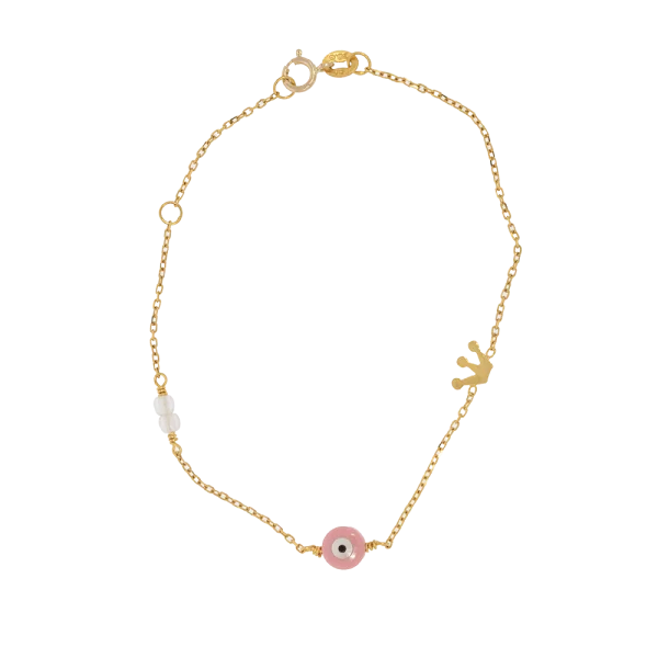 14K Gold Children's Bracelet with Crown and Pink Evil Eye
