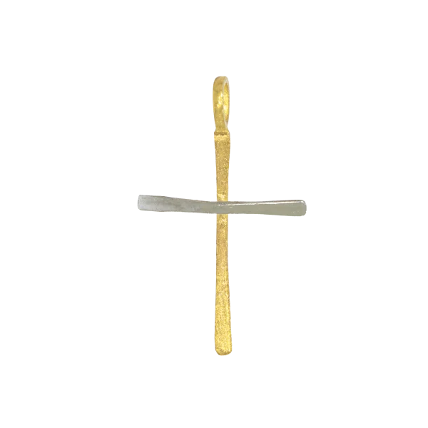 Slim Two-Tone Gold Cross in Yellow and White Gold