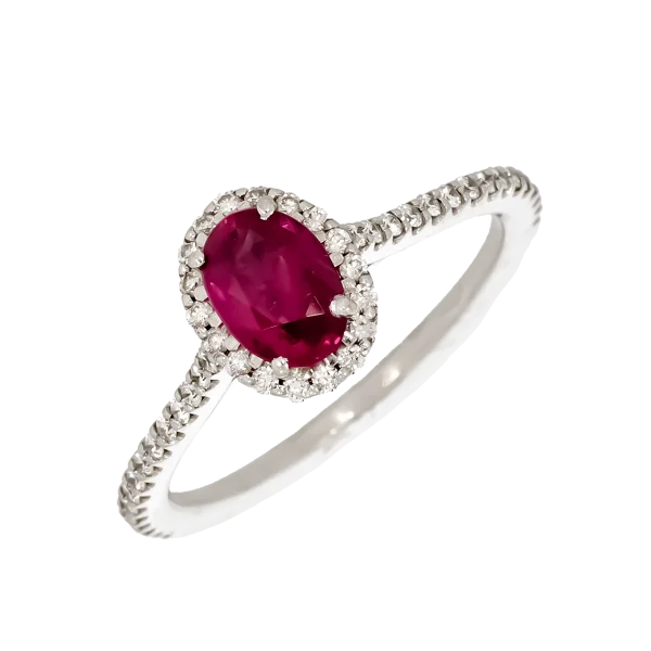 18K Rosette Ring with 0.77ct Oval Ruby and 48 Small Diamonds