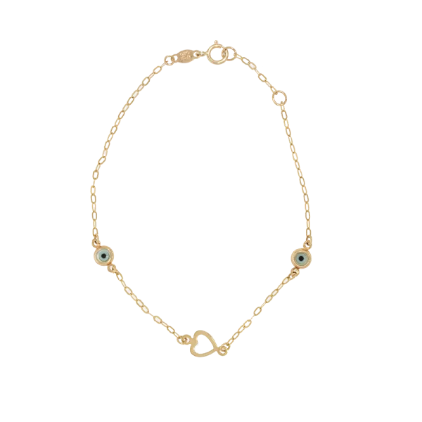 14K Gold Children's Bracelet with Heart and Evil Eyes