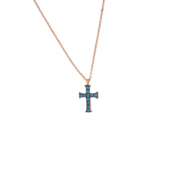 18K Mini Rose Gold Cross with Chain and Diamonds in Petrol